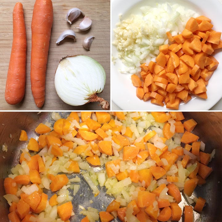 Diced carrots and onions and minced garlic