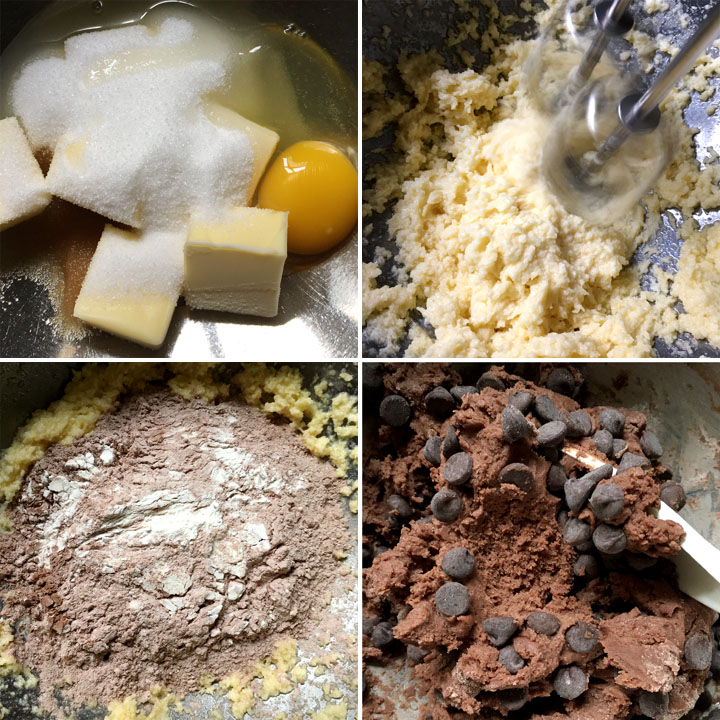 White sugar, yellow butter, eggs, flour, cocoa, and chocolate chips to make cookie dough