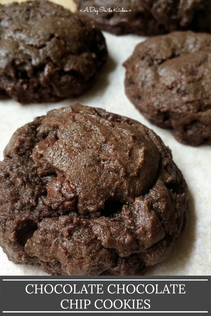 Close-up of a chocolate cookie, the words chocolate chocolate chip cookies on the bottom