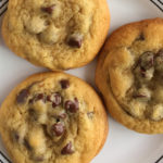 Closeup of chocolate chip cookies on a plate