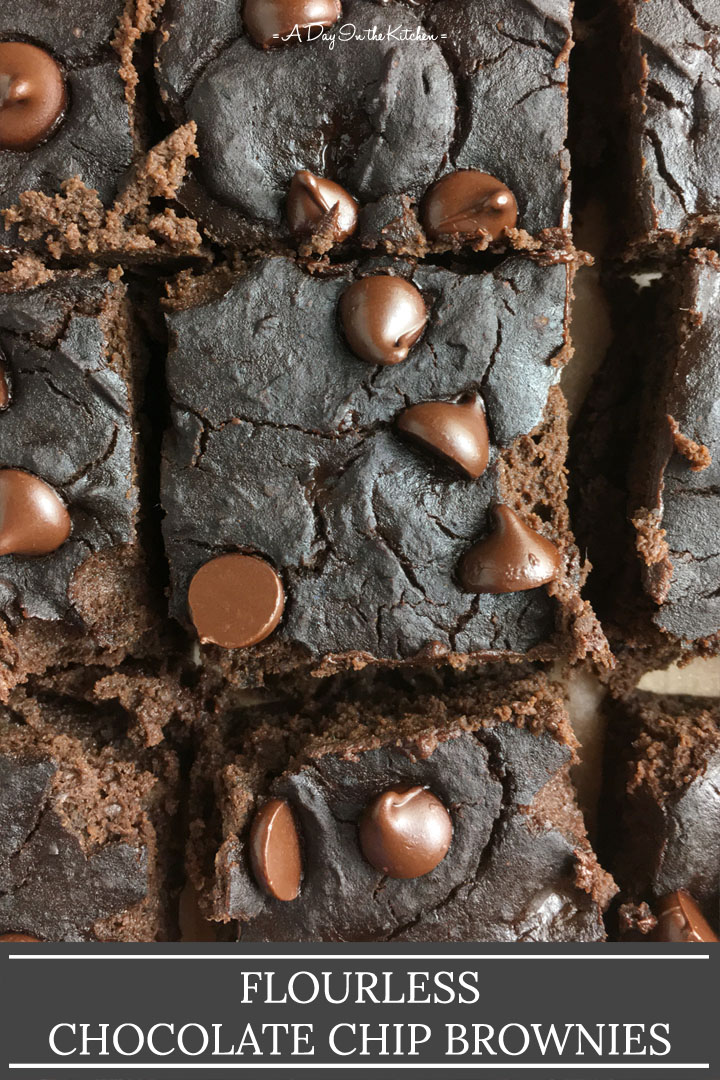 Close-up of square brownies, the words flourless chocolate chip brownies at the bottom