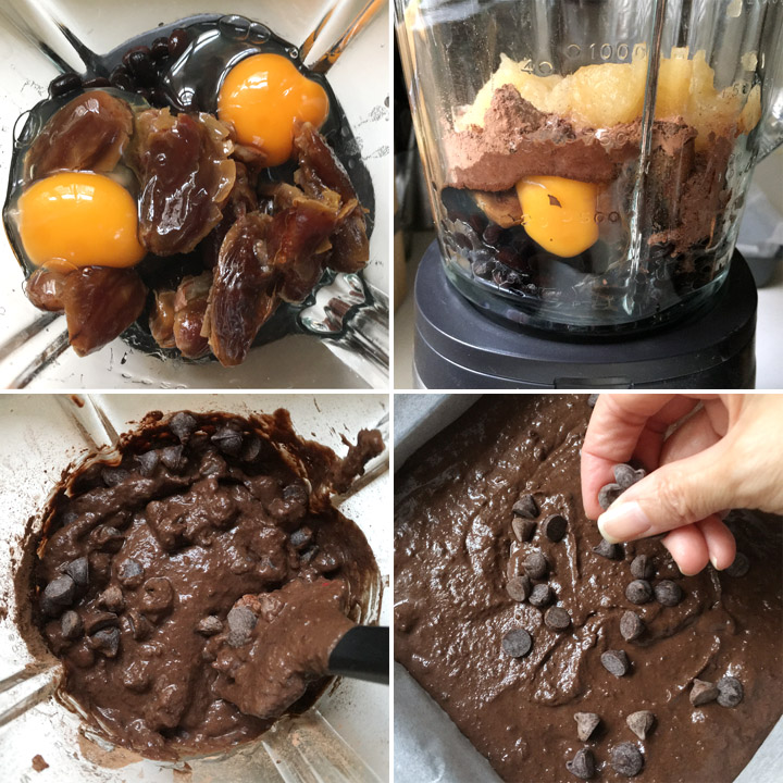 Two raw eggs, dates, black beans in a blender, chocolate chips being stirred into and topping brown batter