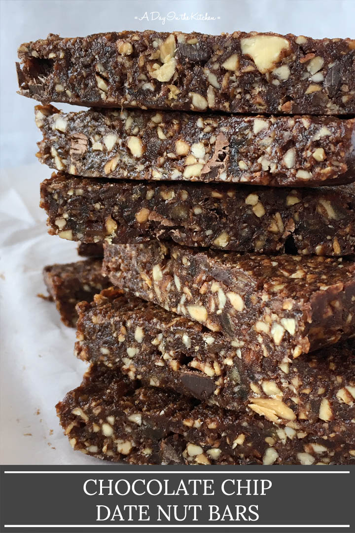 A stack of 6 brown date nut bars, the words chocolate chip date nut bars on the bottom