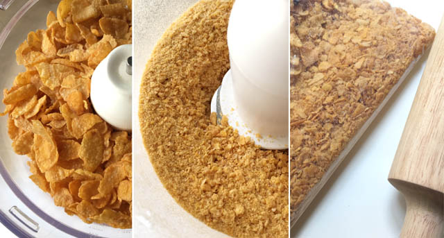 Three photos: left photo cornflakes cereal in a food processor bowl, middle photo cornflakes crumbs in a food processor bowl, right photo cornflakes in a plastic ziploc bag next to a rolling pin