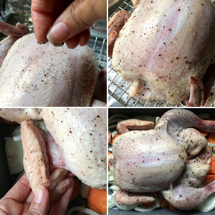 Collage: sprinkling salt and pepper on a raw chicken, a dry brined chicken on a rack, tucking a chicken wing, a raw chicken on a bed of onions and carrots in a roasting pan
