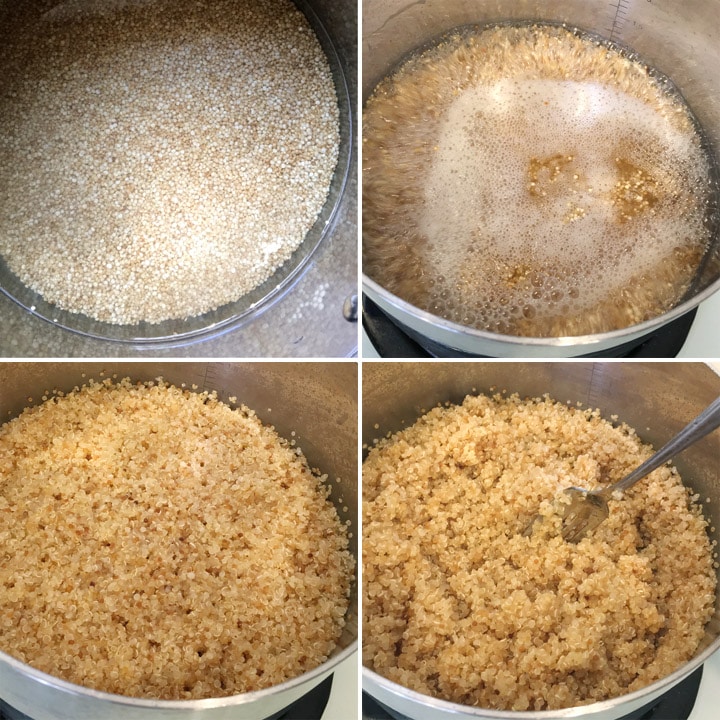 Boiling quinoa in a pot with water, fluffing the cooked quinoa with a fork