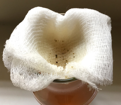 Layers of cheesecloth in a bottle for filtering Cold Brewed Tea