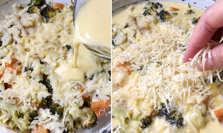 Pouring egg mixture over cheese and vegetables and topping with grated cheese to prepare the quiche
