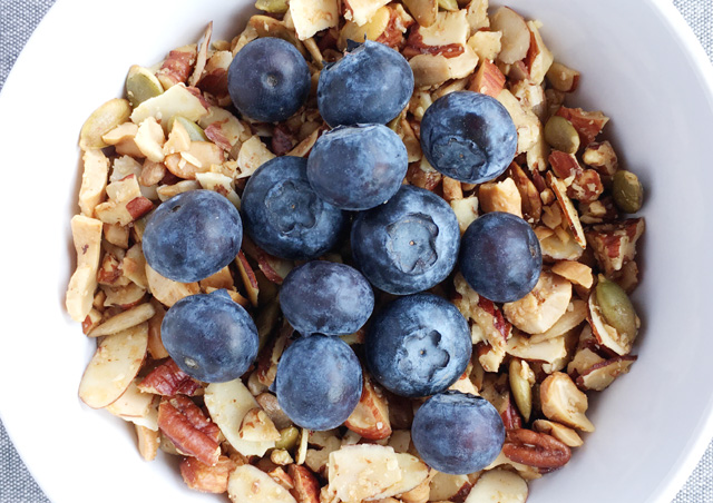 A white bowl of Easy Grain Free Nutty Granola topped with blueberries