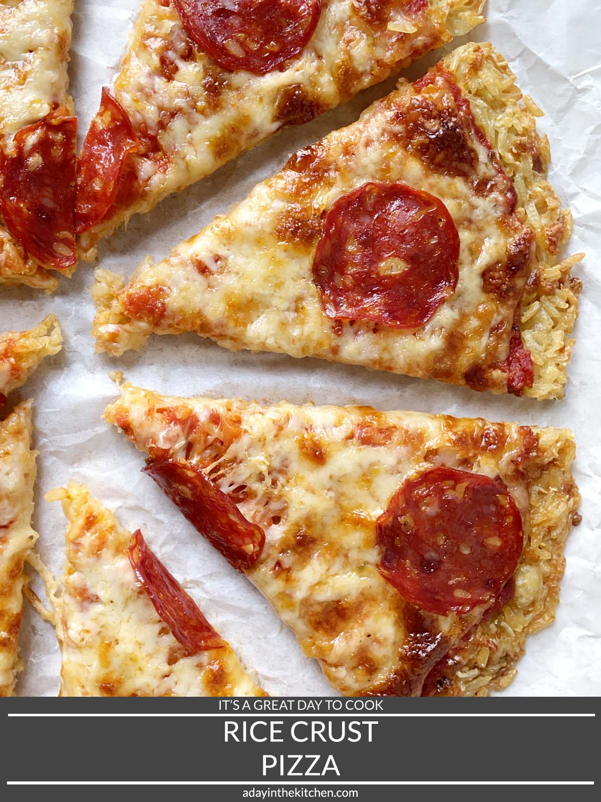 It's a great day to cook rice crust pizza. Slices of pizza on a white paper.