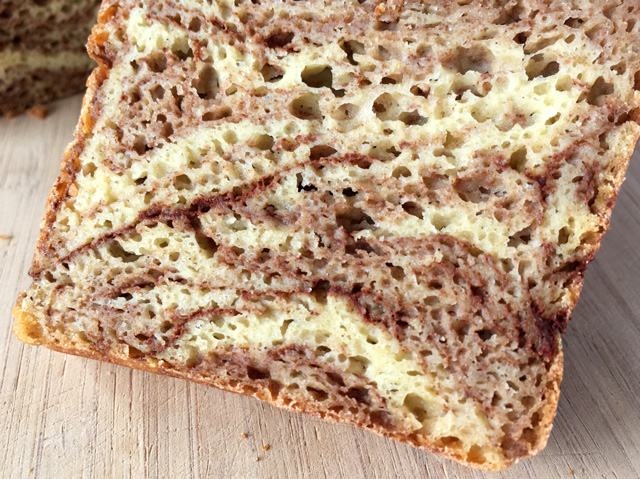 Close-up of a slice of Gluten-Free Cinnamon Marble Bread