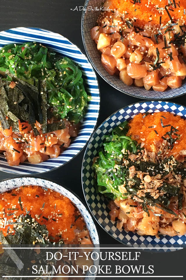 Four poke bowls on a black table, the words do it yourself salmon poke bowls on the bottom