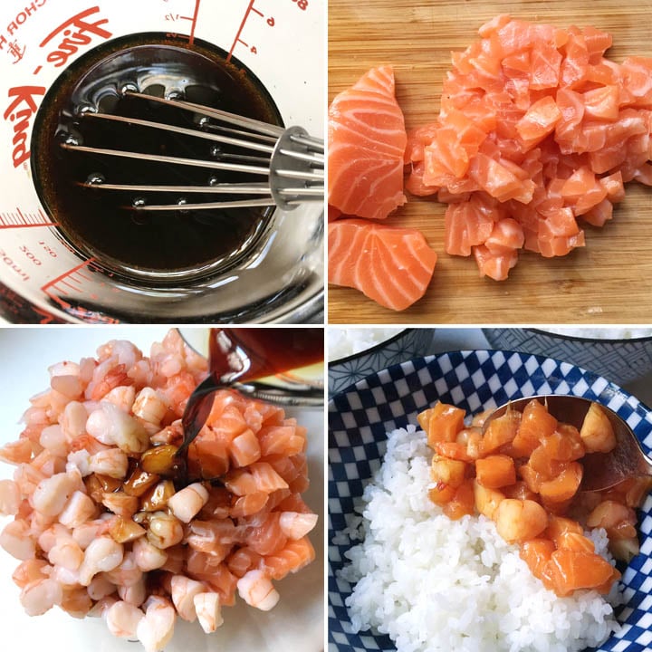 Dark sauce in a measuring cup, chopped salmon and shirmp, and a bowl of white rice, how to make poke bowls