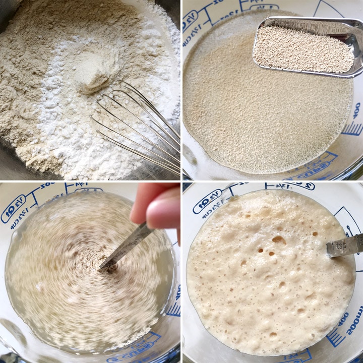 A bowl of dry flour ingredients, dry yeast becoming foamy in a measuring cup containing water