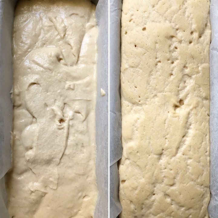 Side by side photo, batter in a bread loaf pan, batter that has risen in a loaf pan