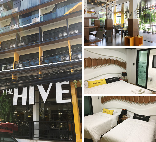 A collage of photos of The Hive Hotel in Chiang Mai showing the hotel exterior, the dining area, and the bedrooms