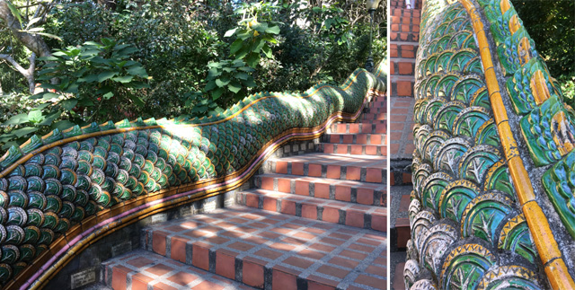 Close-up photos of the green serpent handrail alongside the steps leading up to the Golden Temple in Chiang Mai