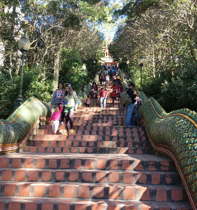 A long staircase with a serpent handrail, leading up to the Golden Temple in Chiang Mai