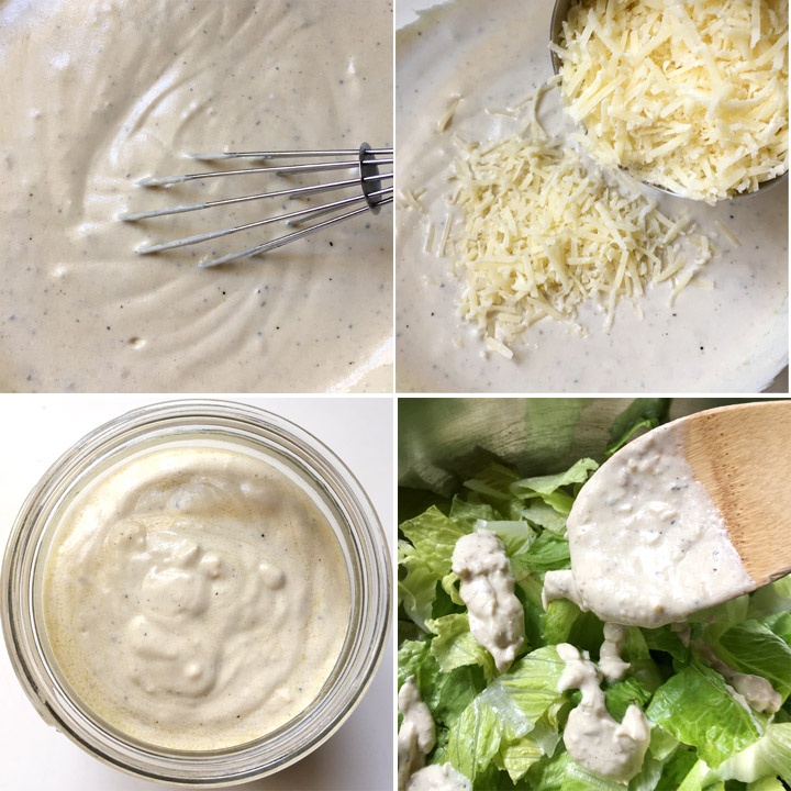 A thick white dressing being whisked, yellow grated Parmesan cheese cheese, sauce in a jar, and a wooden spoon dropping dressing on green lettuce leaves