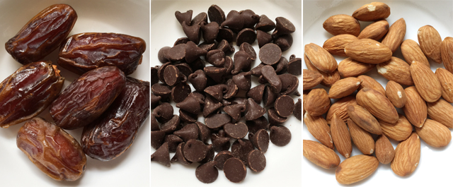 A collage of 3 photos, whole dates, chocolate chips, and whole almonds for nutty chocolate coated dates