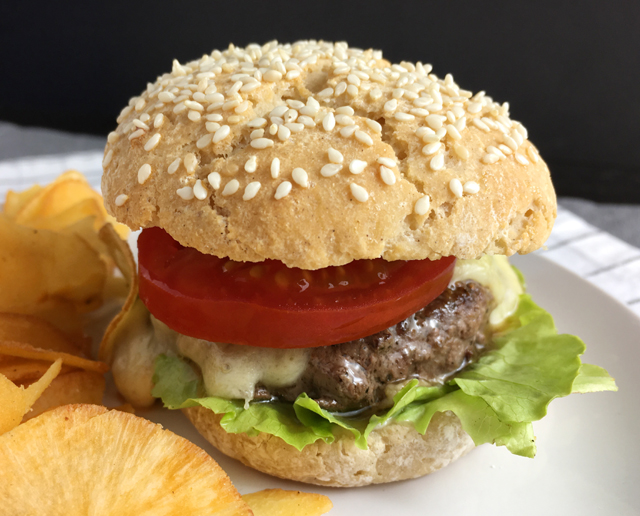 Close-up of a hamburger with homemade hamburger patties
