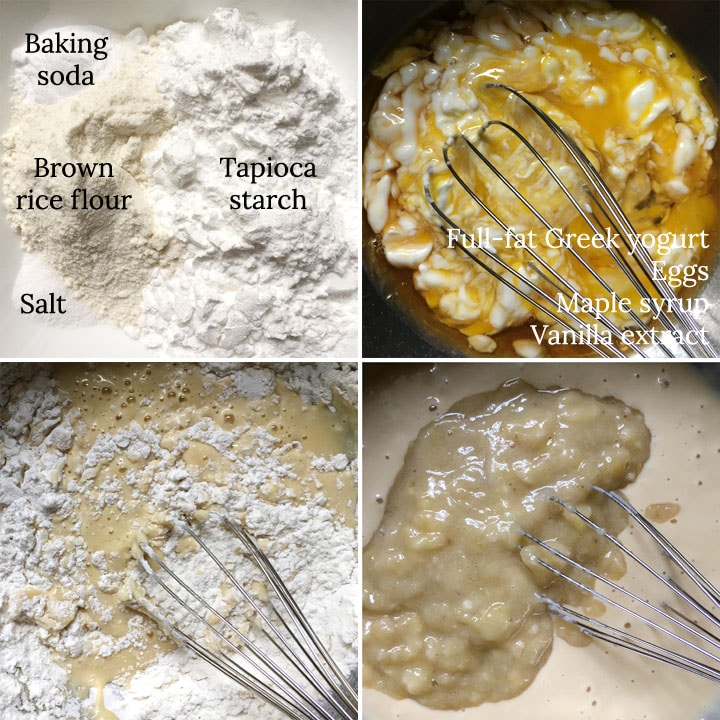 Dry ingredients and wet ingredients being mixed to make batter for banana bread