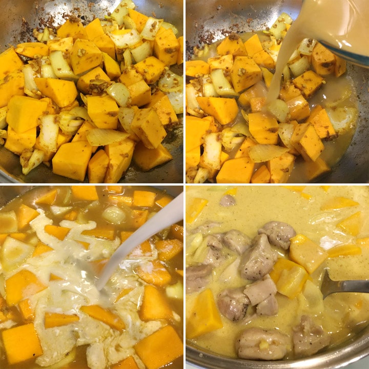 Cooking pumpkin and onions in a pan with sauce and chicken chunks