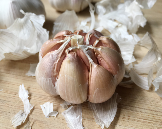 A bulb of raw garlic with all the cloves exposed for roasted garlic