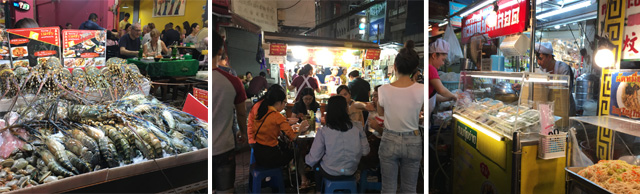 Photos of giant raw seafood, people eating, and a vendor selling street food