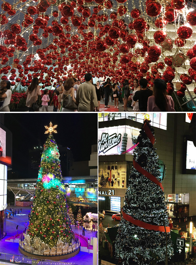 A crowd of people standing under many shiny red round Christmas balls, and two photos of brightly lit Christmas trees