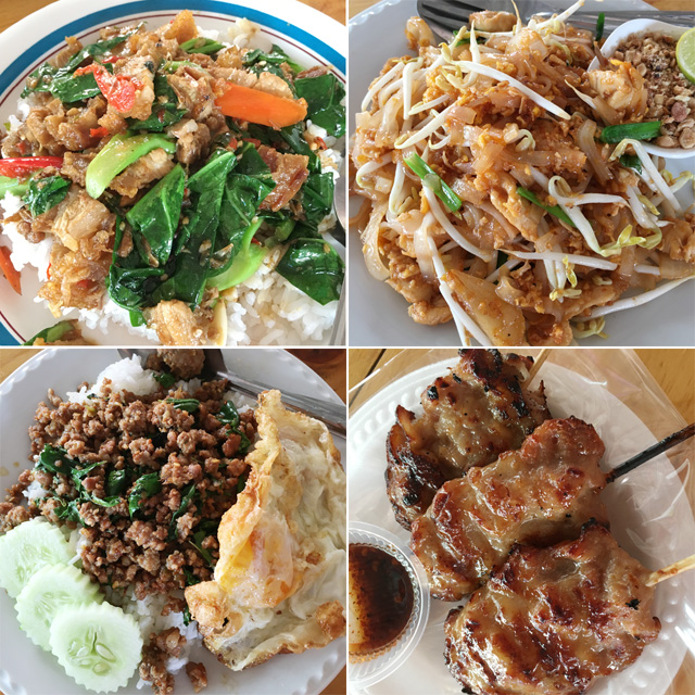 Food photos of meat skewers, stirfried green vegetables and meat on rice, noodles, and ground meat and egg on rice
