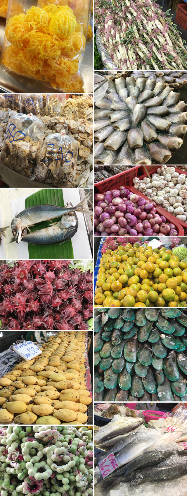 Several photos of fruits, seafood, meat, vegetables, an dried foods
