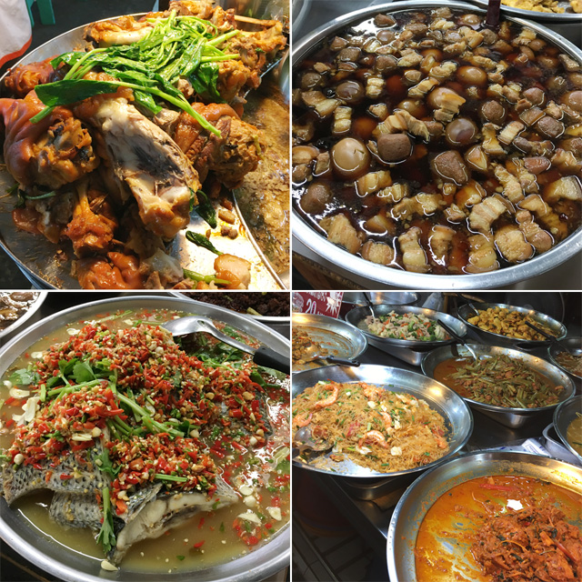 Photos of cooked food in large round pots