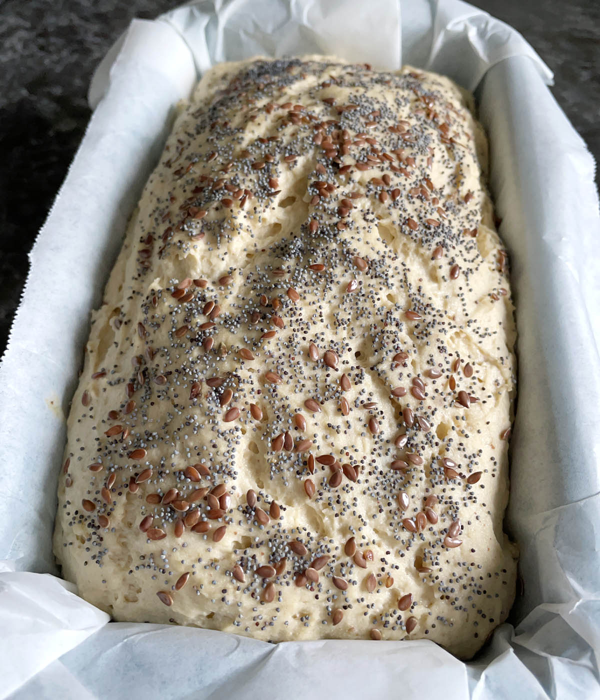 A rectangular loaf pan containing bread dough that has risen.
