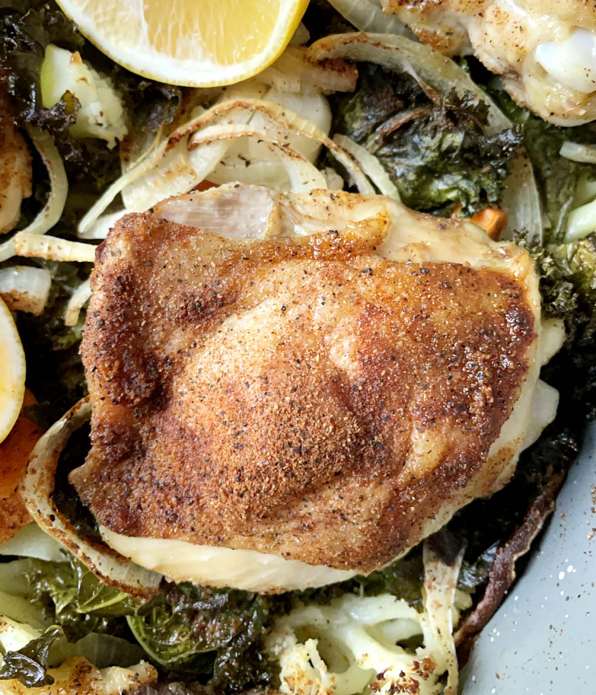 Close-up of a roasted piece of chicken on a bed of onions and vegetables in a pan.