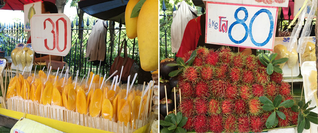 Two photos, several bags of sliced mango on the left, a pile of round red hairy fruit on the right