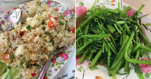 Two photos, fried rice on the left, and stirfried morning glory greens on the right