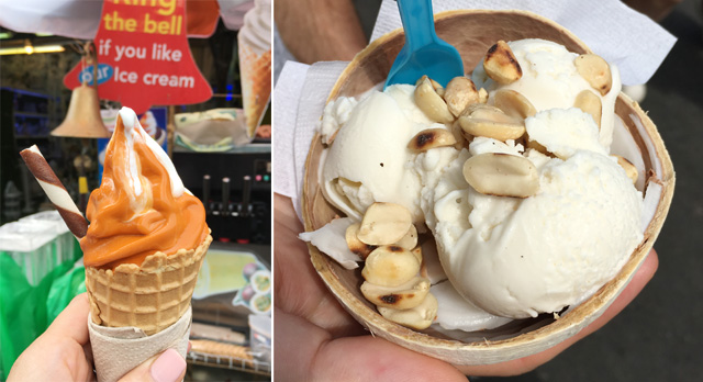 Two photos, a brown and white swirl ice cream cone on the left, a bowl of white ice cream and peanuts on the right