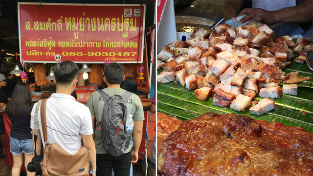 Crispy roast pork belly at the Chatuchak Market in Bangkok