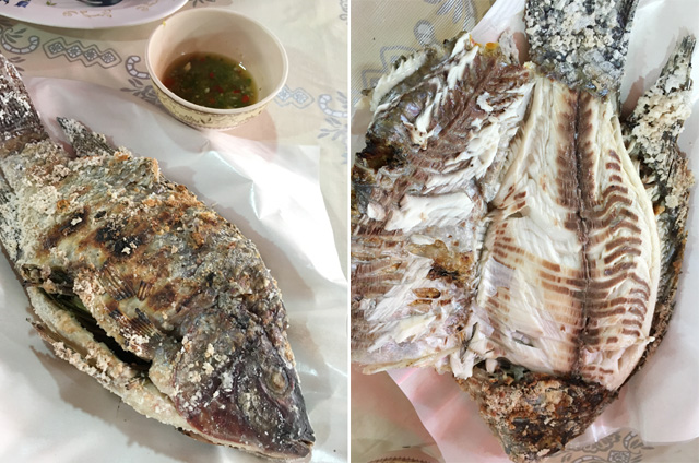 Two photos, a whole cooked fish on the left, and the skin peeled back on the fish on the right