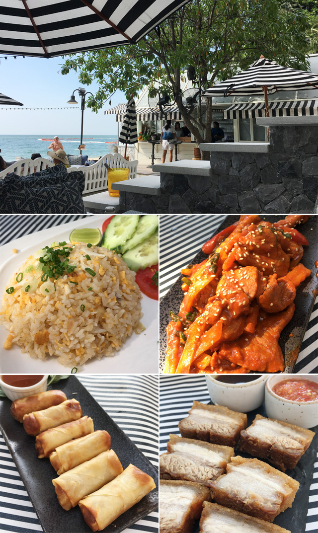 Photos of a restaurant by the ocean, fried rice, spring rolls, chunks of roast pork, and orange pork