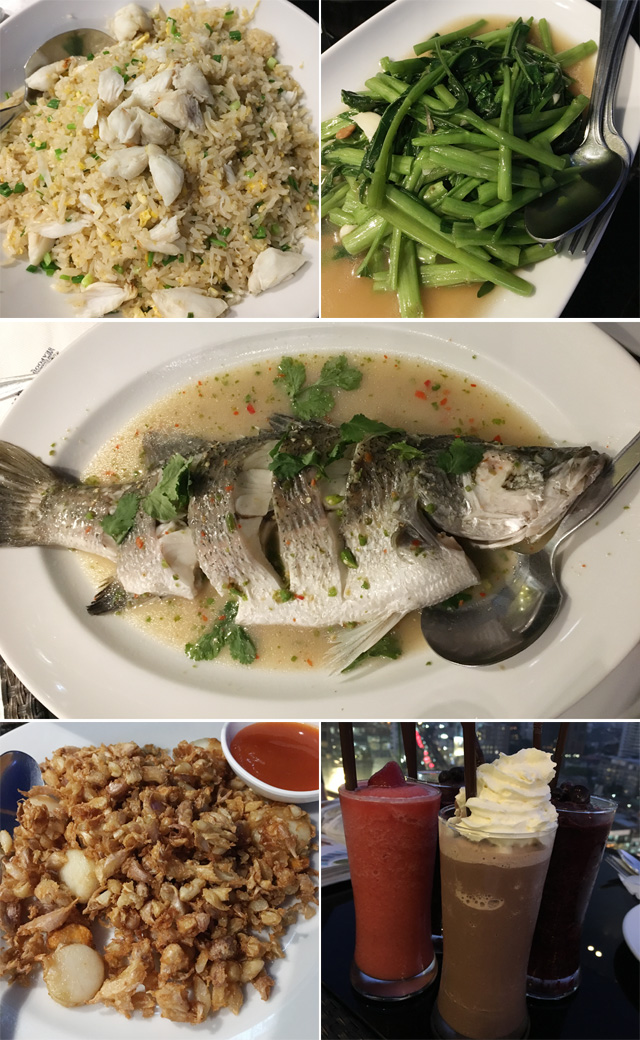 Five photos, one of fried rice, one of fried green vegetables, one of a whole cooked fish, one of garlic, and one showing drinks