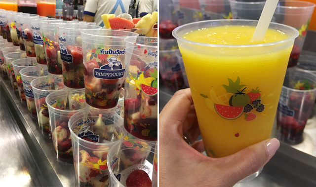 Photos of plastic cups with chopped fruit, and a hand holding a cup containing an orange drink