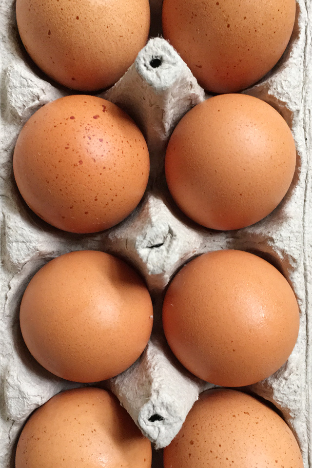 Closeup of 9 brown eggs in a cardboard carton for how to halve an egg