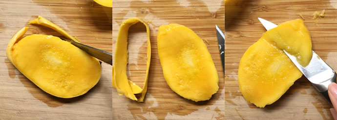 Three photos showing cutting away the peel from a mango and cutting the mango flesh off the pit