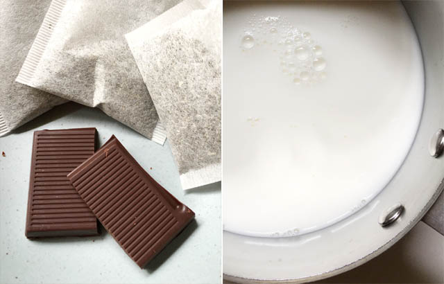 An image on the left of two pieces of brown chocolate and three white tea bags, an image on the right of white milk in a pot