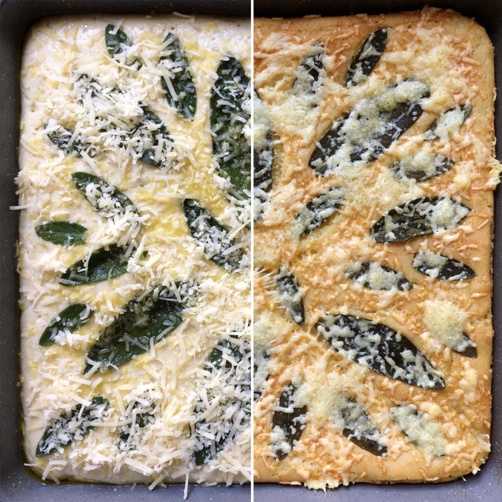 Split image of unbaked bread topped with leaves and grated cheese on the left, browned and baked on the right.