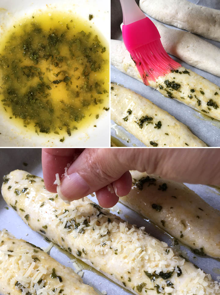 How to make gluten-free breadsticks, brushing breadsticks with melted butter and parsley and topping breadsticks with cheese