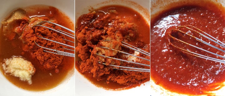 Three photos showing how to make Korean chili sauce