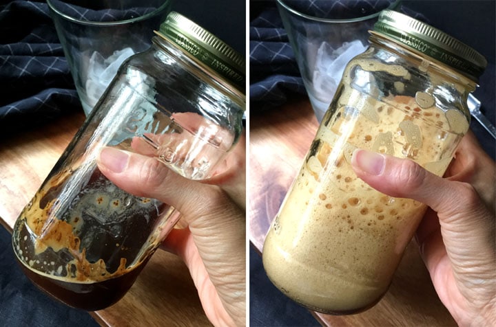 A hand holding a glass jar with dark brown liquid; a hand holding a glass jar with light brown foam